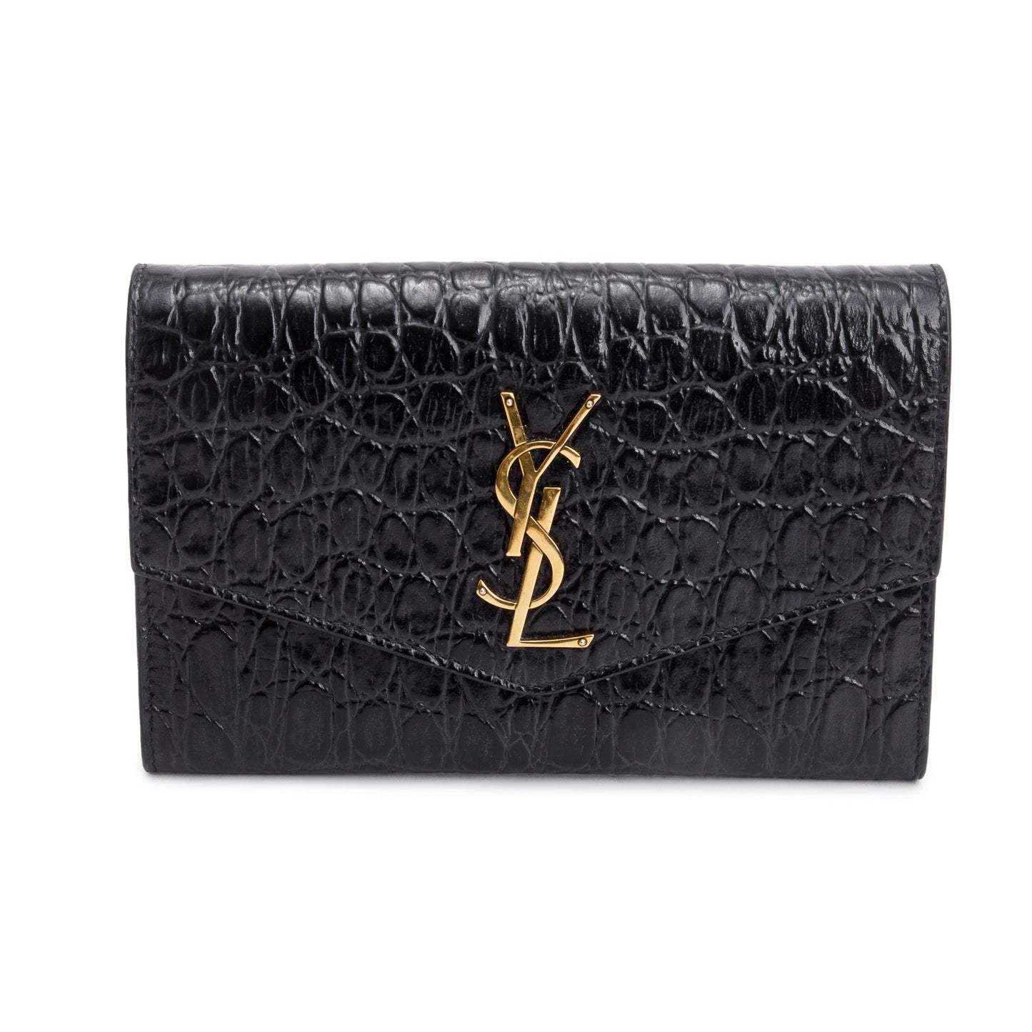 Saint Laurent 2021 Black Crocodile Embossed Leather Uptown Chain Wallet
