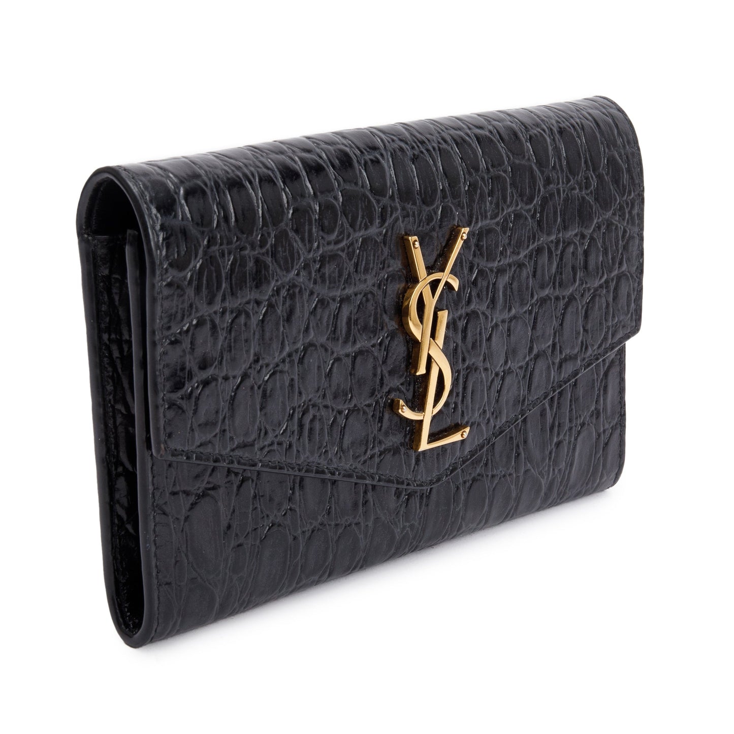 Saint Laurent 2021 Black Crocodile Embossed Leather Uptown Chain Wallet