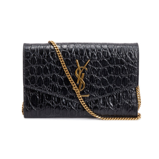 Saint Laurent 2021 Black Crocodile Embossed Leather Uptown Chain Wallet