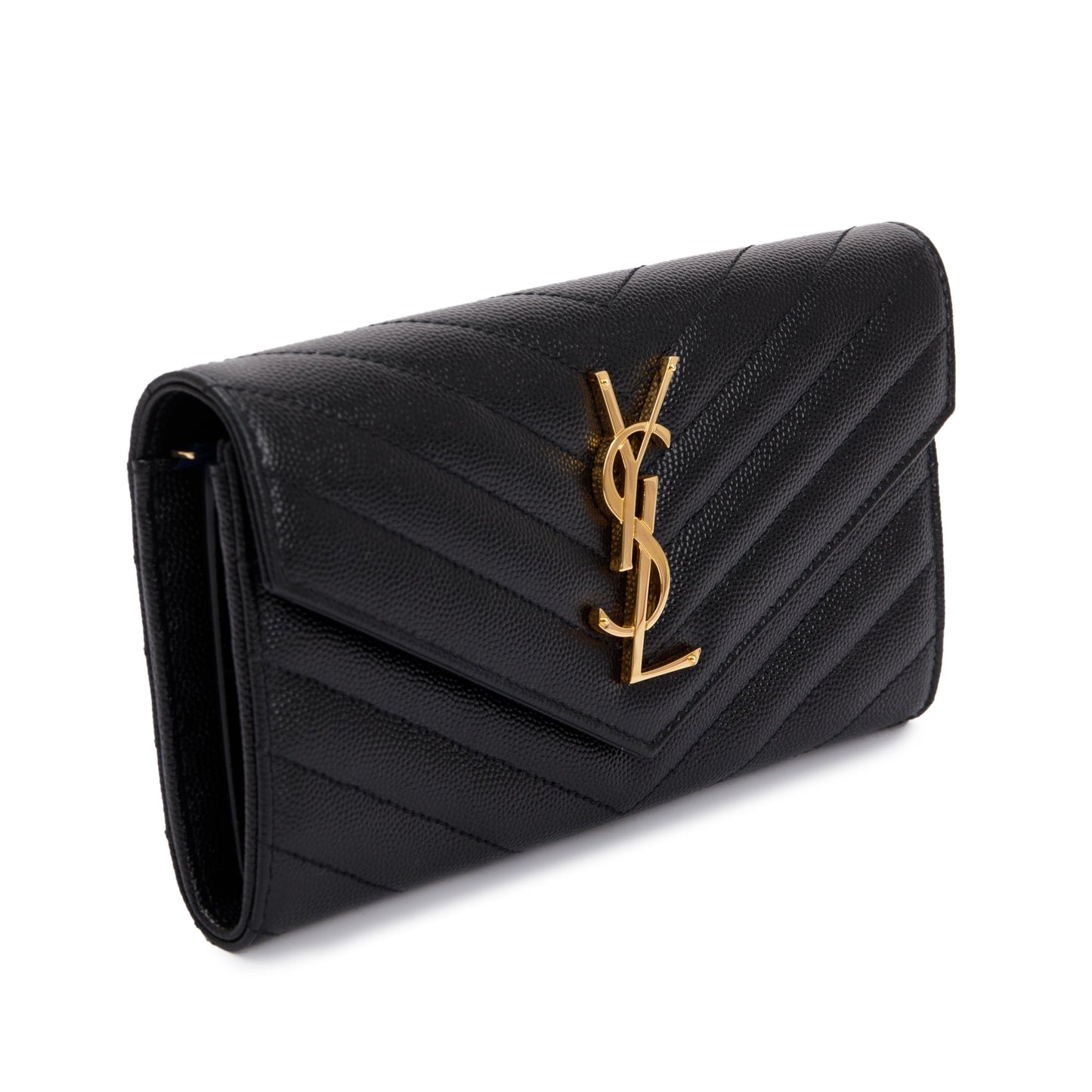 Saint Laurent 2021 Black Grain De Poudre Leather Cassandre Matelasse Large Flap Wallet