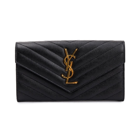 Saint Laurent 2021 Black Grain De Poudre Leather Cassandre Matelasse Large Flap Wallet