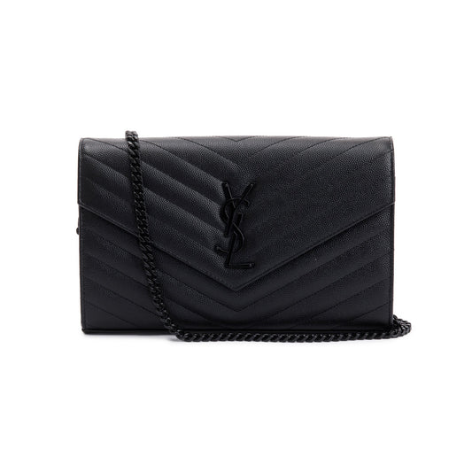 Saint Laurent 2021 Black Grained de Poudre Cassandre Matelasse Chain Wallet