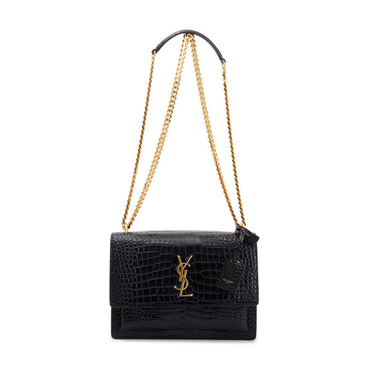 Saint Laurent 2021 Black Medium Crocodile Embossed Sunset Bag
