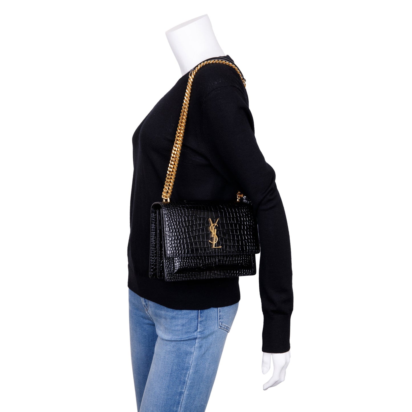 Saint Laurent 2021 Black Medium Crocodile Embossed Sunset Bag