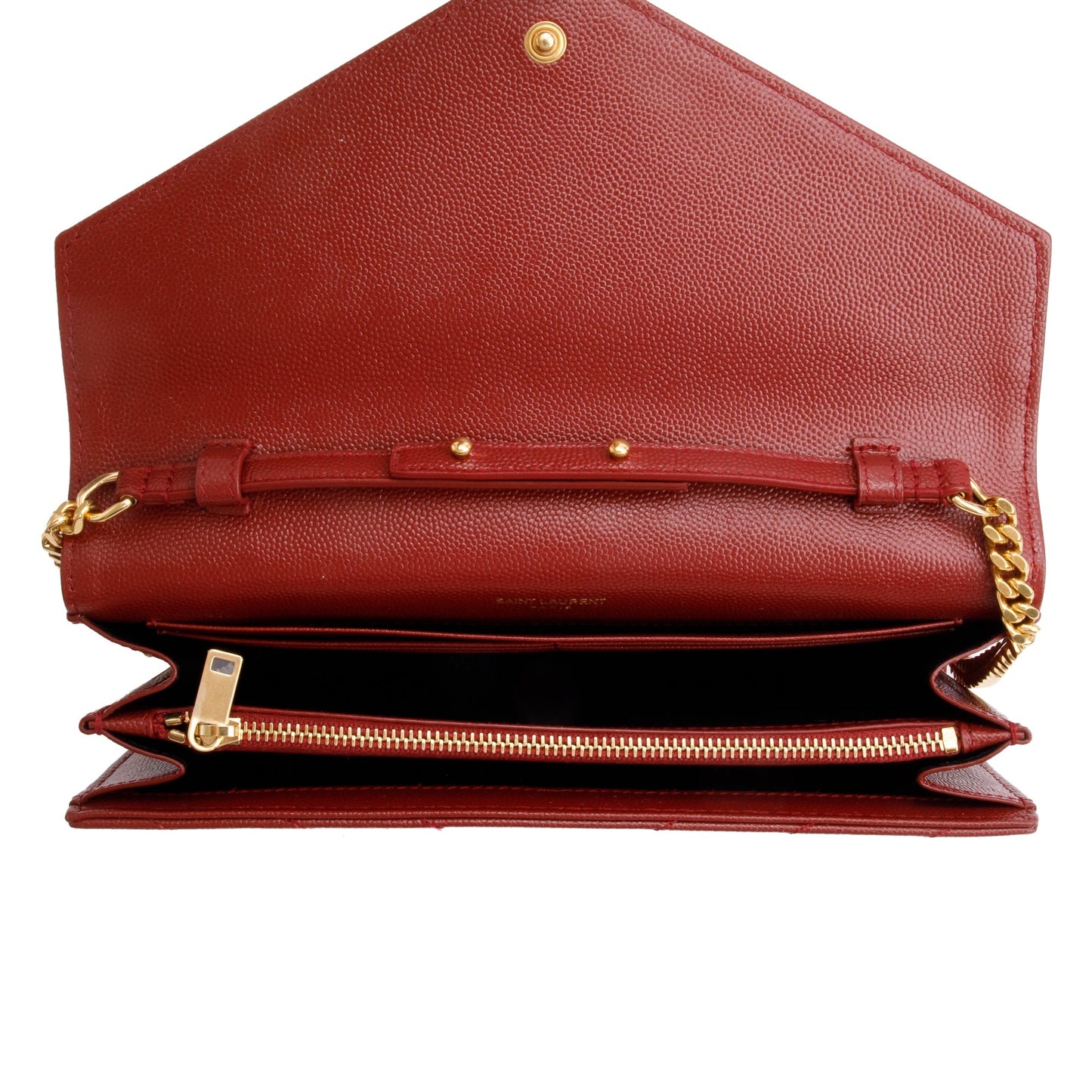 Saint Laurent 2021 Burgundy Grain De Poudre Leather Cassandre Matelasse Chain Wallet