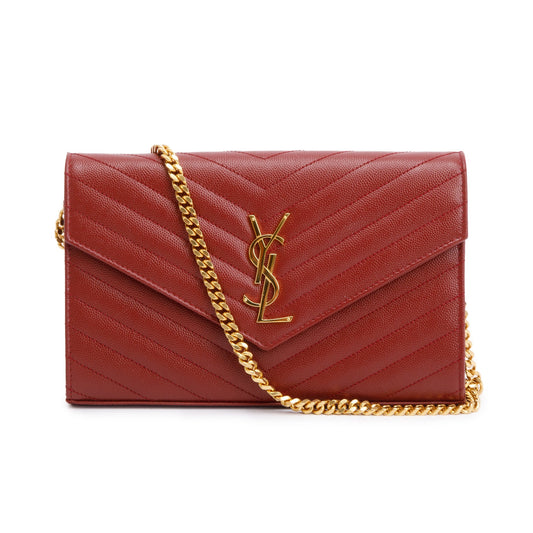 Saint Laurent 2021 Burgundy Grain De Poudre Leather Cassandre Matelasse Chain Wallet