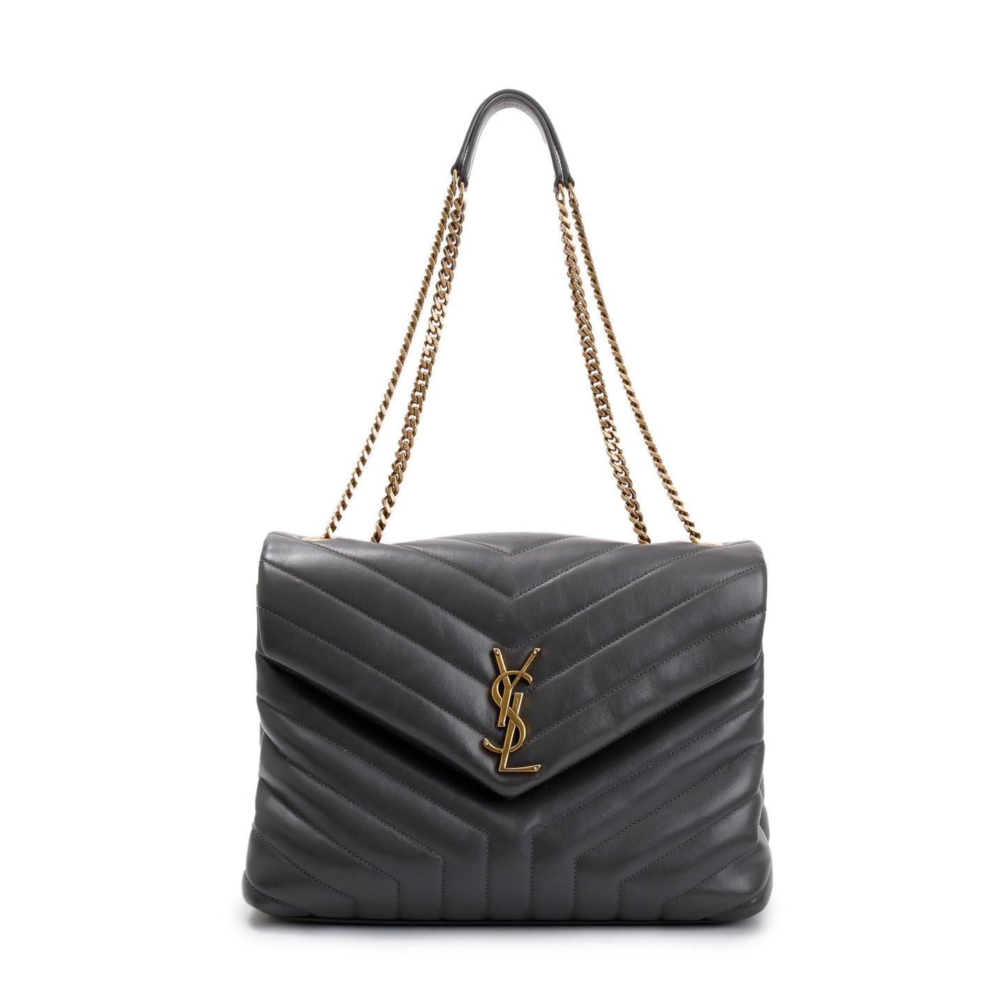 Saint Laurent 2021 Grey Calfskin Leather Medium Loulou Monogram Shoulder Bag