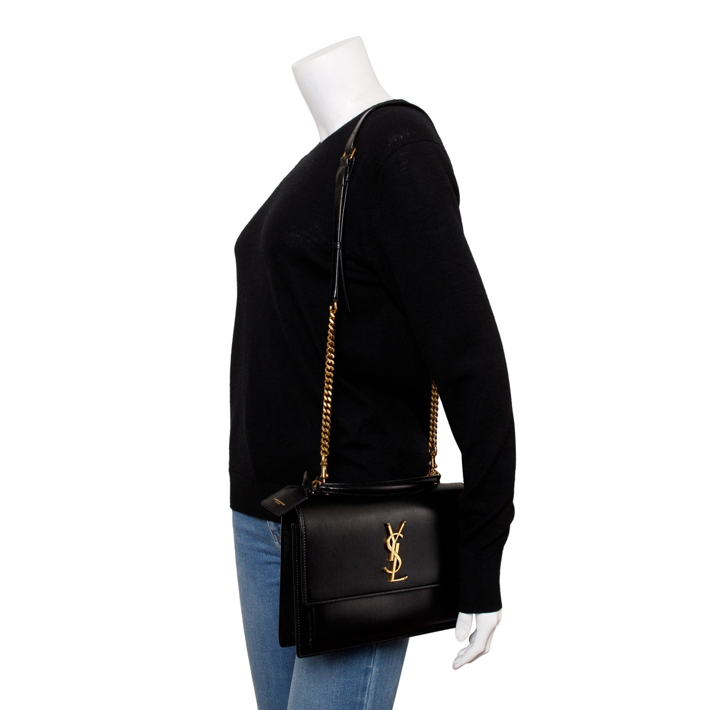 Saint Laurent 2022 Black Calfskin Leather Medium Sunset Handle Bag