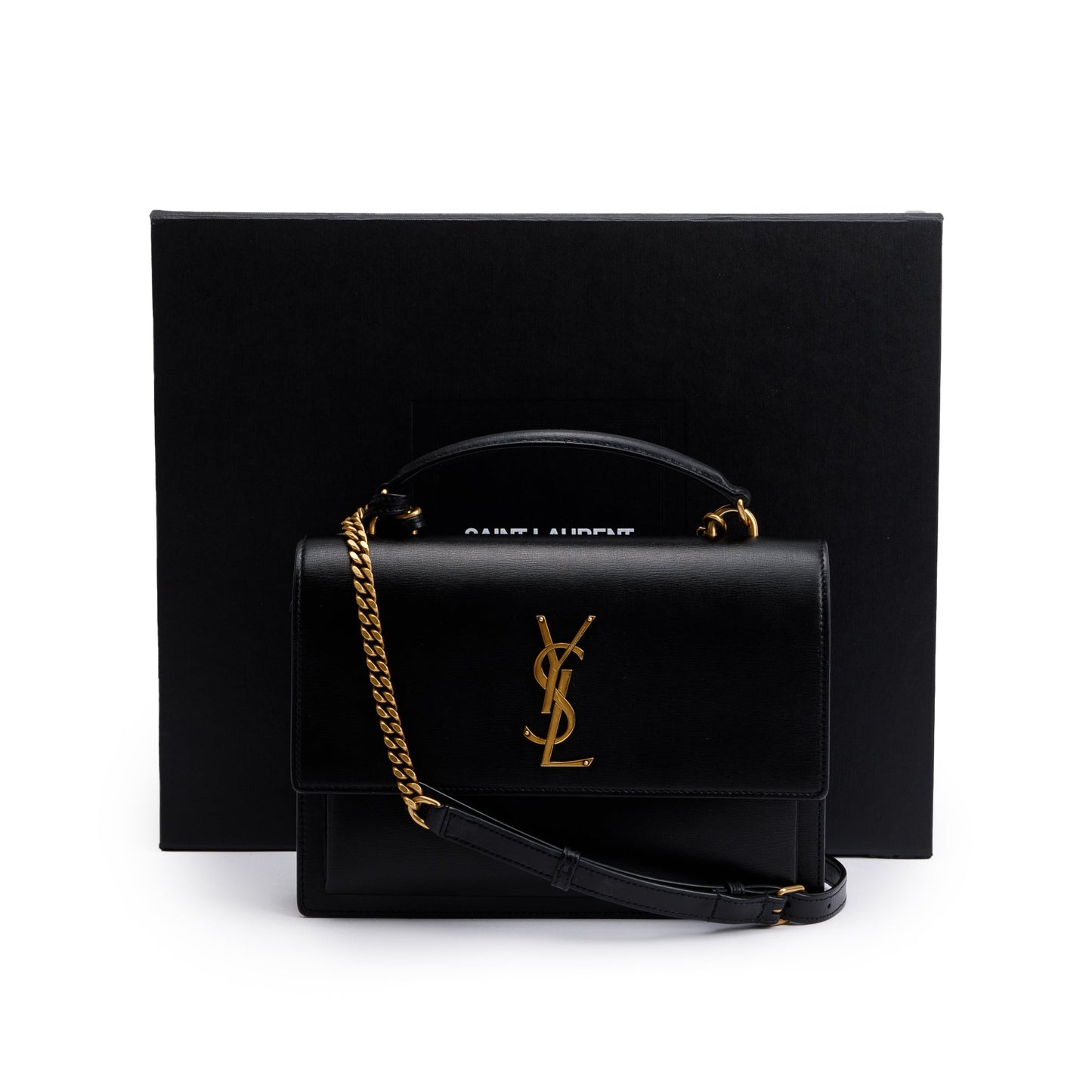 Saint Laurent 2022 Black Calfskin Leather Medium Sunset Handle Bag