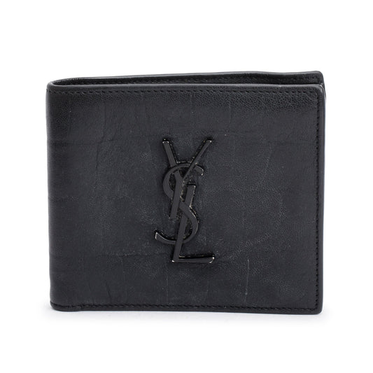 Saint Laurent 2022 Black Croc Embossed Leather Cassandre Bi-fold Wallet