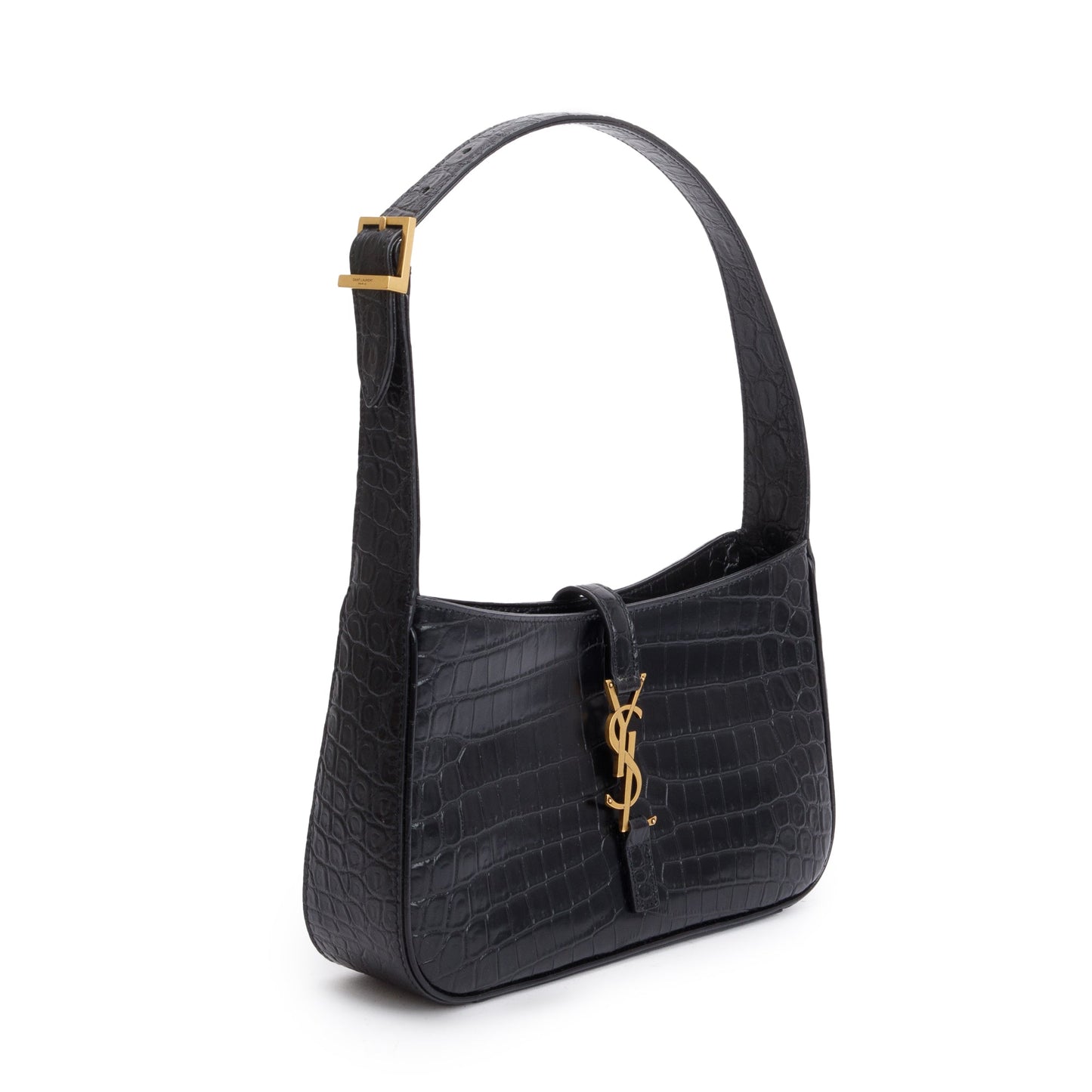 Saint Laurent 2022 Black Croc Embossed Shiny Leather Le 5 A 7 Hobo Bag
