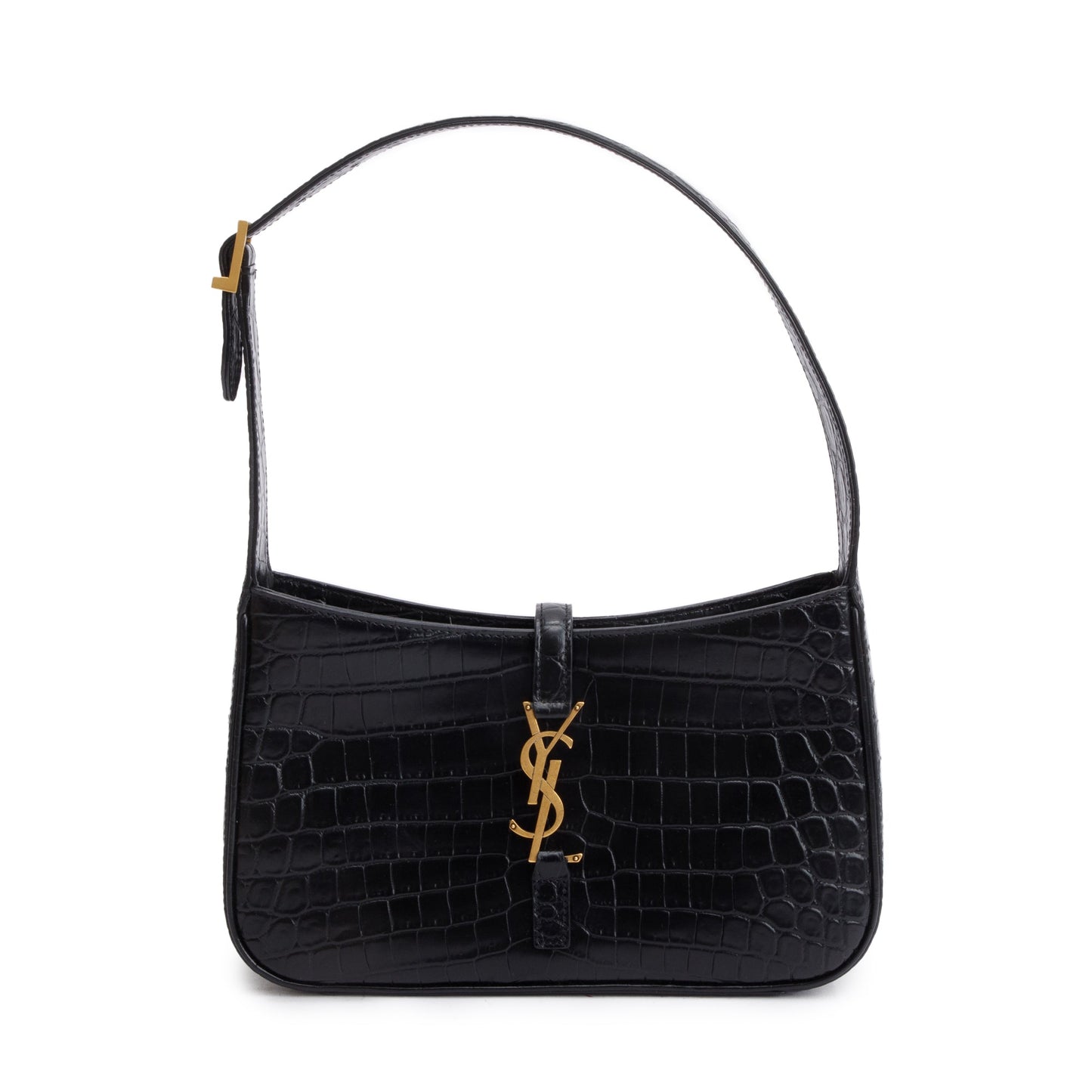 Saint Laurent 2022 Black Croc Embossed Shiny Leather Le 5 A 7 Hobo Bag