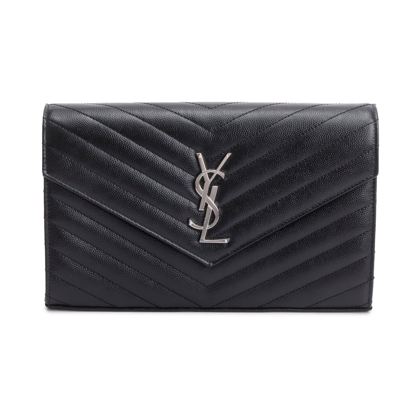 Saint Laurent 2022 Black Grain De Poudre Cassandre Envelope Chain Wallet
