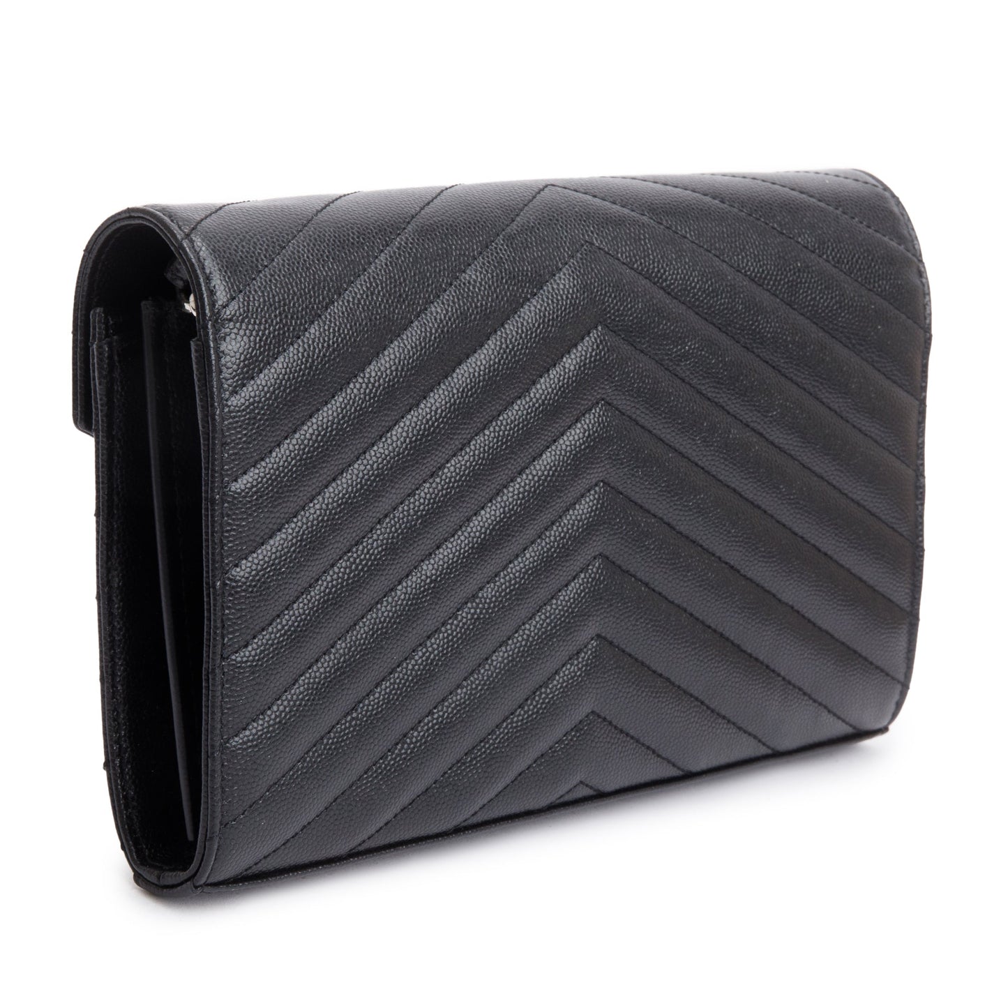 Saint Laurent 2022 Black Grain De Poudre Cassandre Envelope Chain Wallet