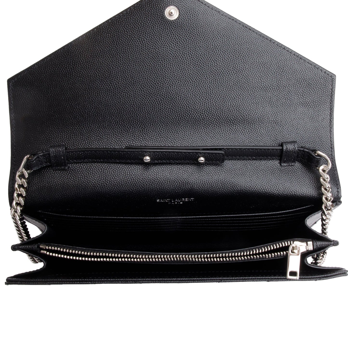 Saint Laurent 2022 Black Grain De Poudre Cassandre Envelope Chain Wallet