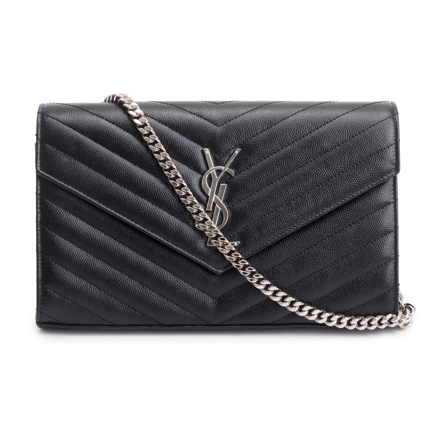 Saint Laurent 2022 Black Grain De Poudre Cassandre Envelope Chain Wallet
