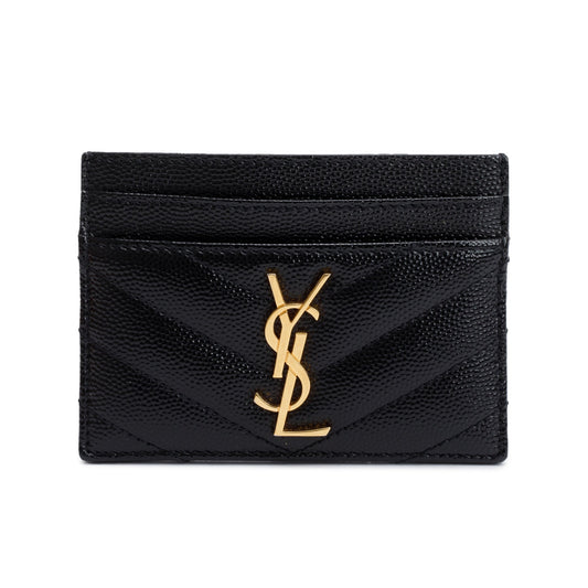 Saint Laurent 2022 Black Grain De Poudre Leather Cassandre Matelasse Card Case