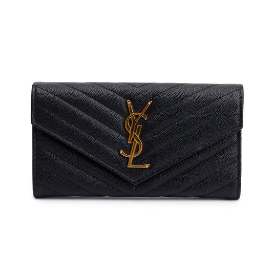 Saint Laurent 2022 Black Grain De Poudre Leather Cassandre Matelasse Large Flap Wallet