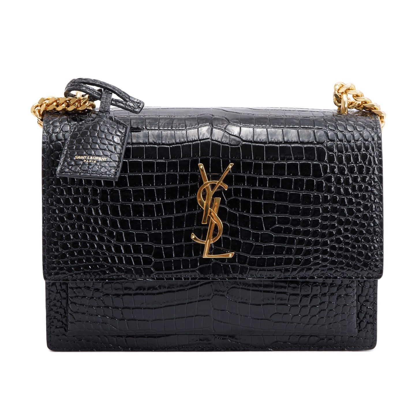 Saint Laurent 2022 Black Medium Crocodile Embossed Sunset Bag