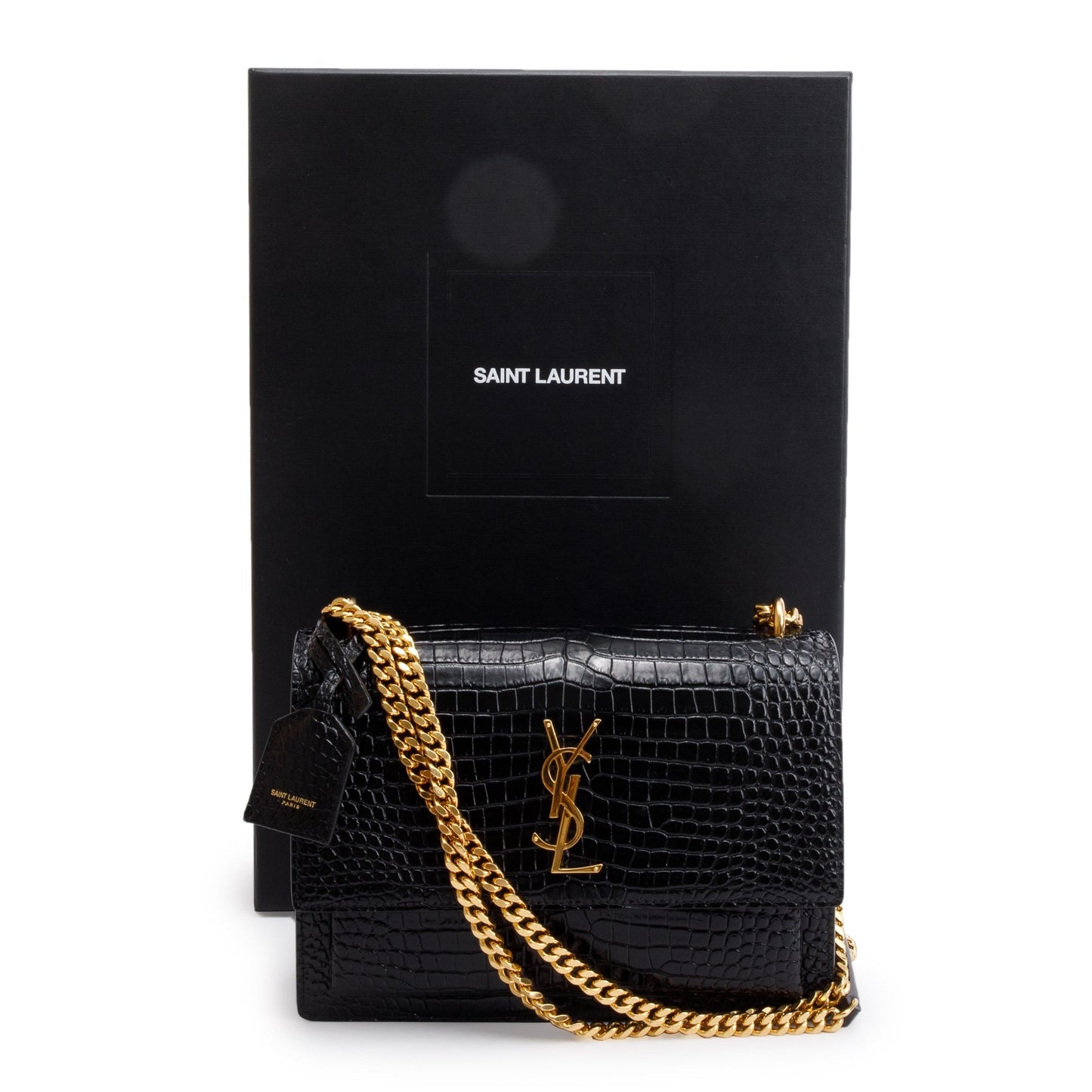 Saint Laurent 2022 Black Medium Crocodile Embossed Sunset Bag