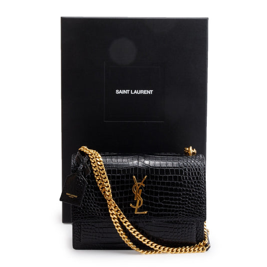 Saint Laurent 2022 Black Medium Crocodile Embossed Sunset Bag