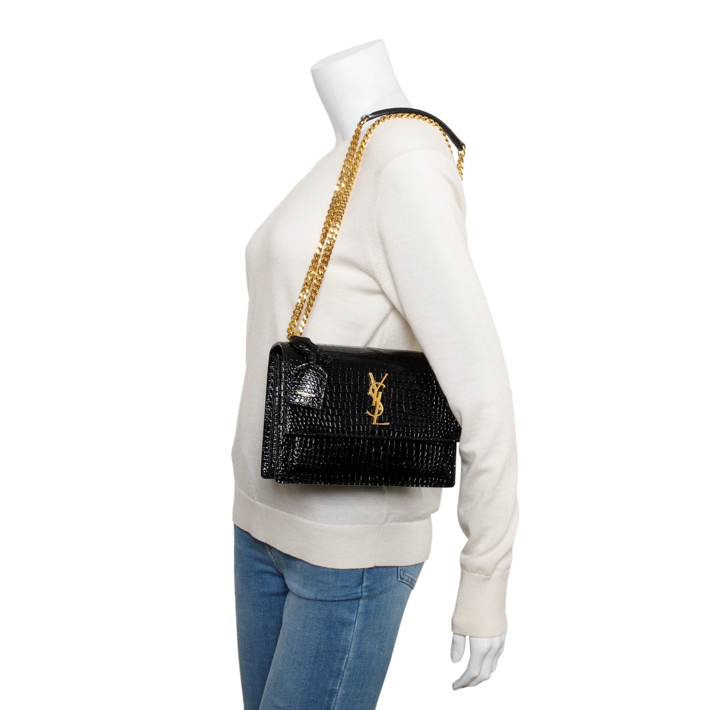 Saint Laurent 2022 Black Medium Crocodile Embossed Sunset Bag