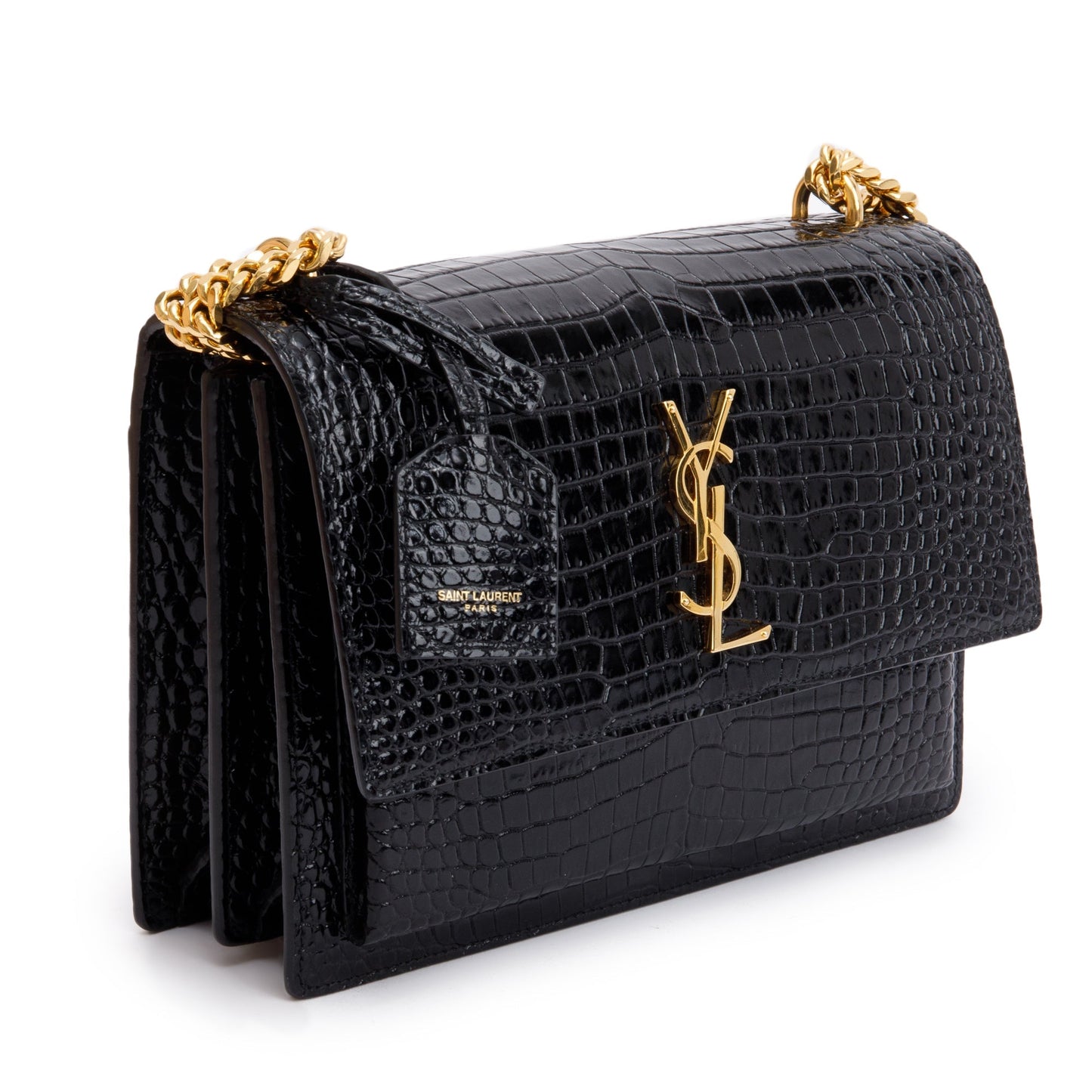Saint Laurent 2022 Black Medium Crocodile Embossed Sunset Bag