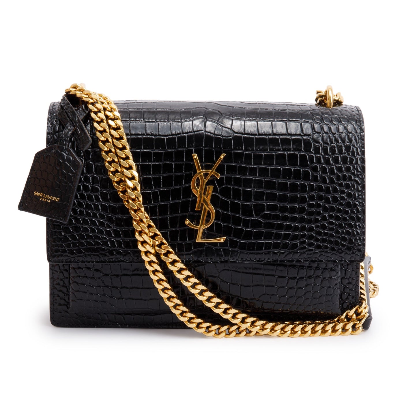Saint Laurent 2022 Black Medium Crocodile Embossed Sunset Bag