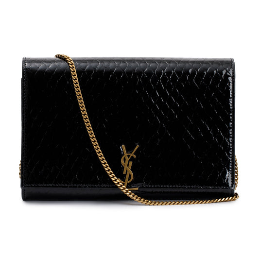 Saint Laurent 2022 Black Python Embossed Patent Leather Chain Wallet