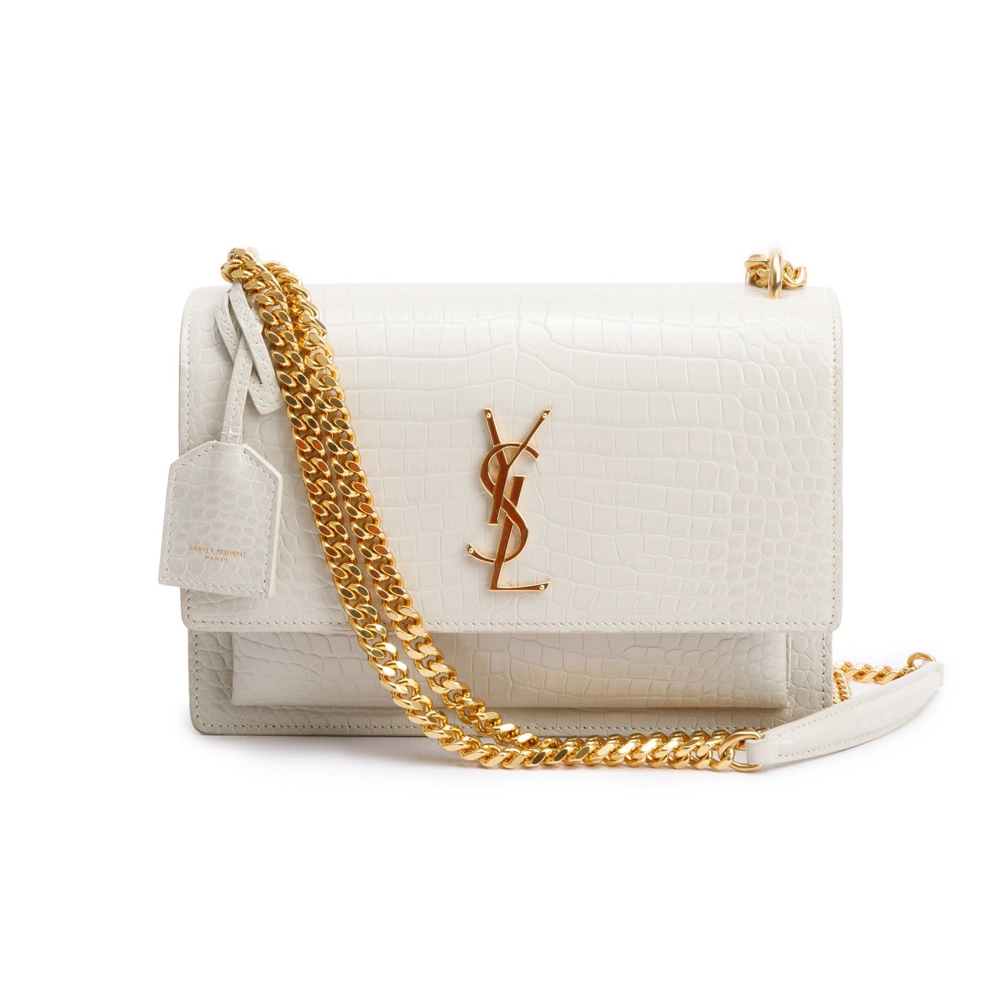 Saint Laurent 2022 Creme Medium Crocodile Embossed Sunset Bag