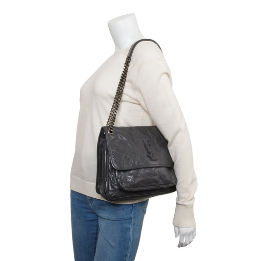 Saint Laurent 2022 Grey Crinkled Calfskin Leather Medium Niki Shoulder Bag