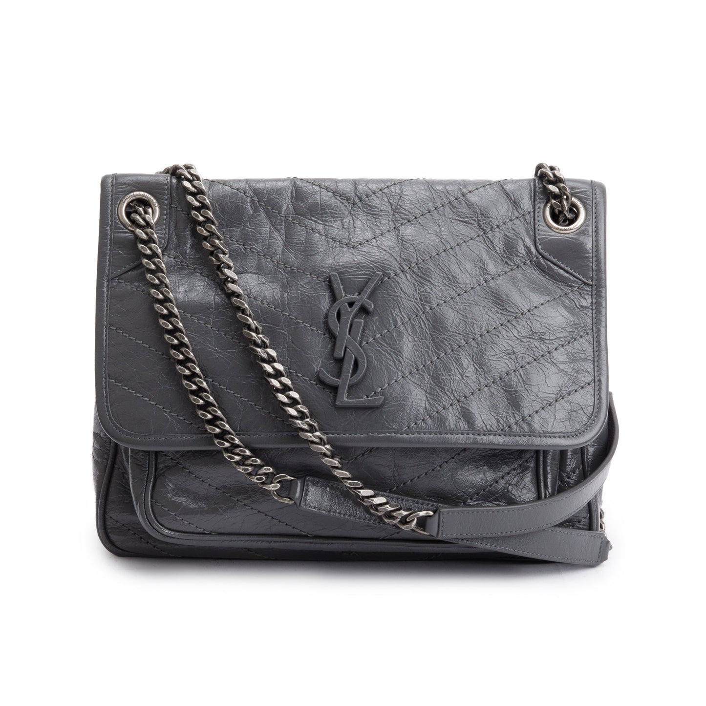 Saint Laurent 2022 Grey Crinkled Calfskin Leather Medium Niki Shoulder Bag