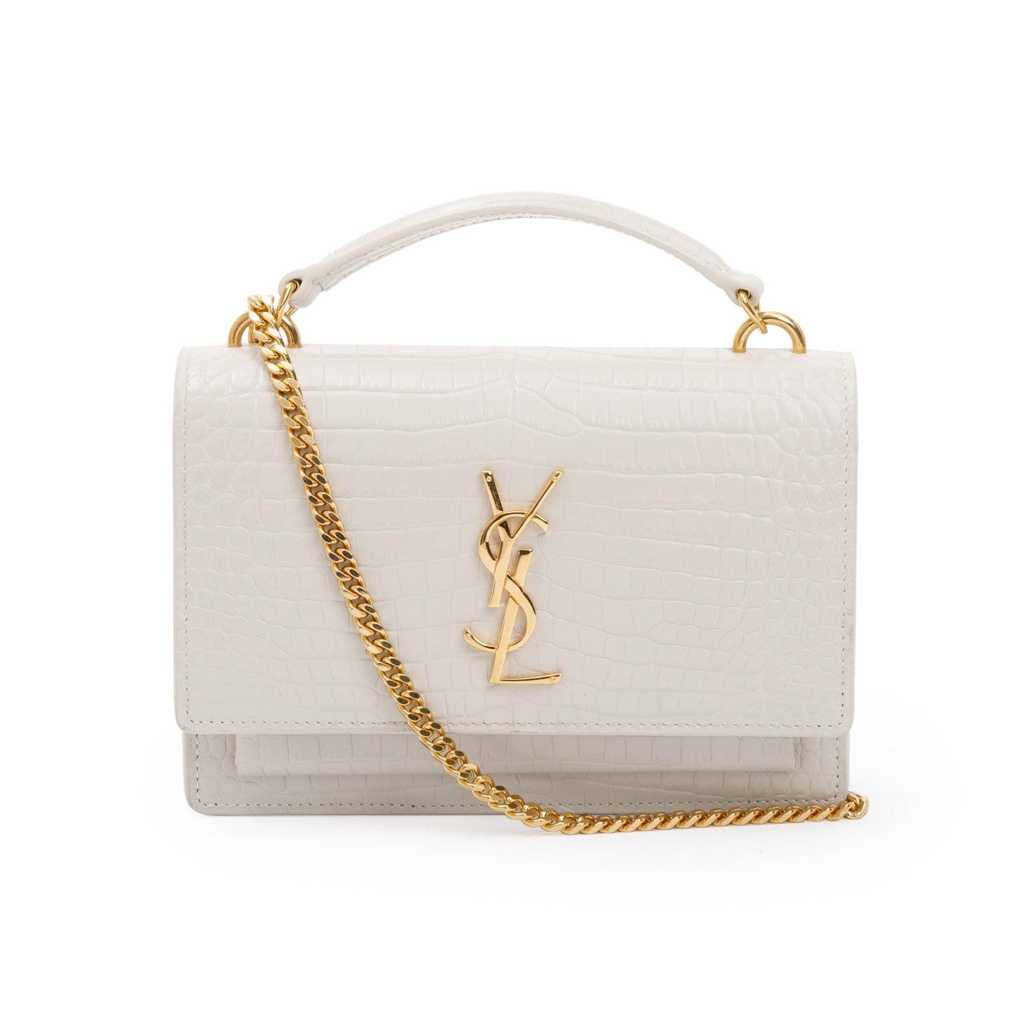 Saint Laurent 2022 White Crocodile Embossed Sunset Chain Wallet