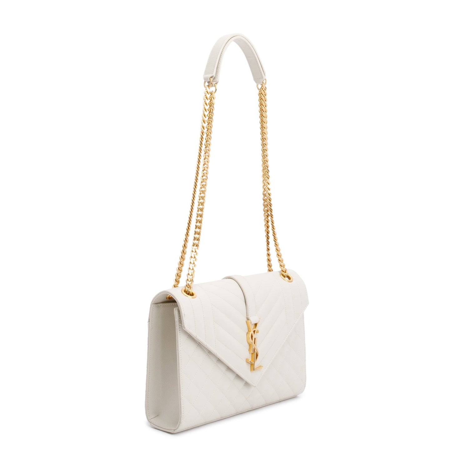 Saint Laurent 2022 White Quilted Grain De Poudre Leather Medium Envelope Chain Bag