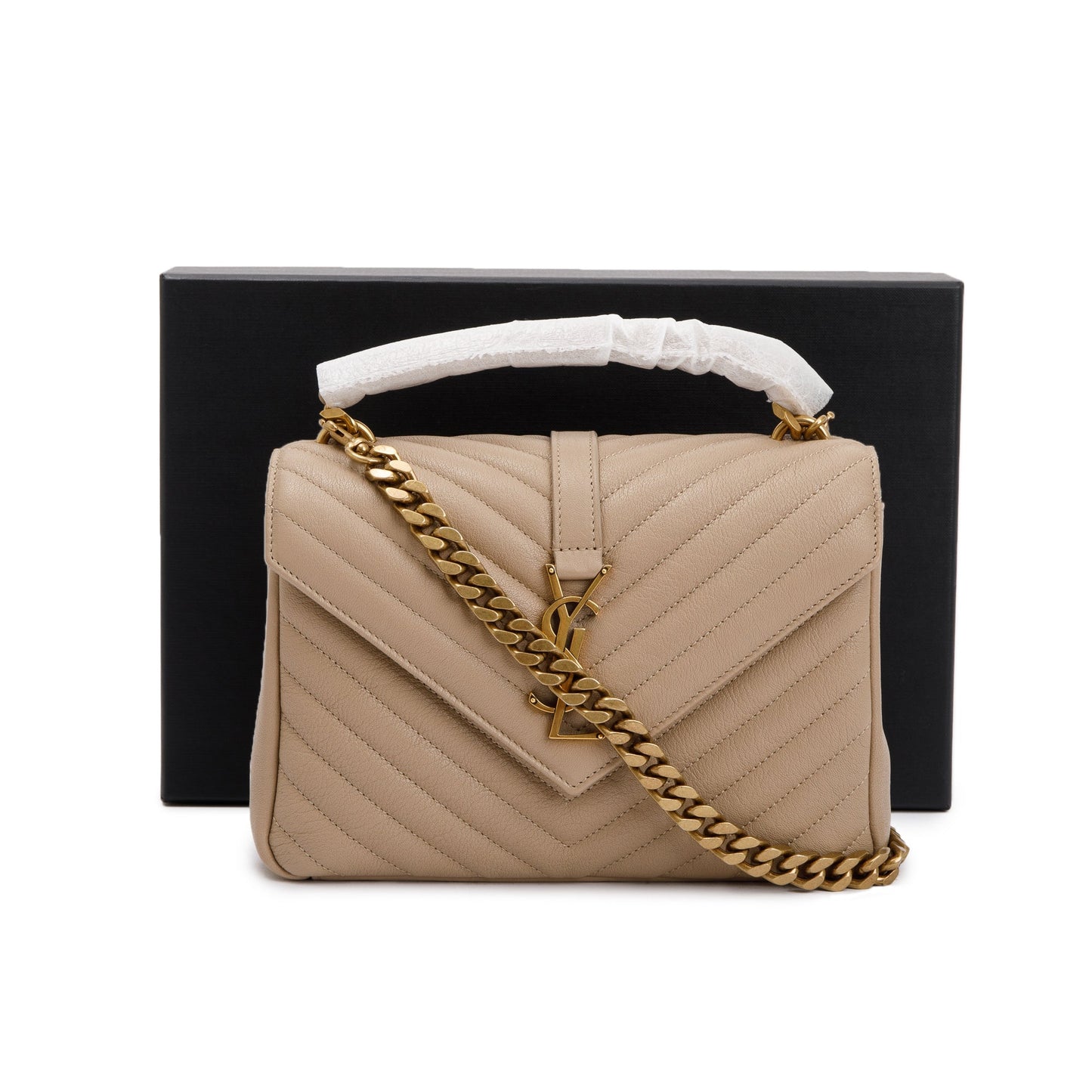 Saint Laurent 2023 Beige Leather Medium Chevron College Bag