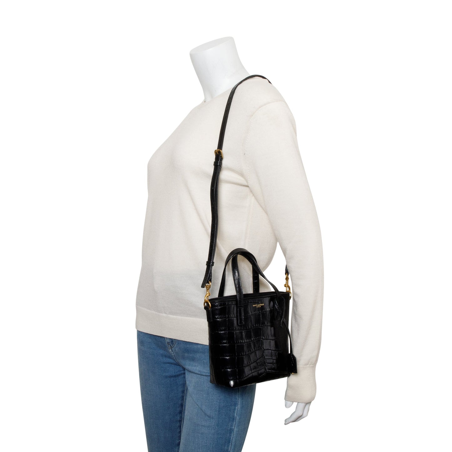 Saint Laurent 2023 Black Croc-Embossed Mini Toy Shopping Tote