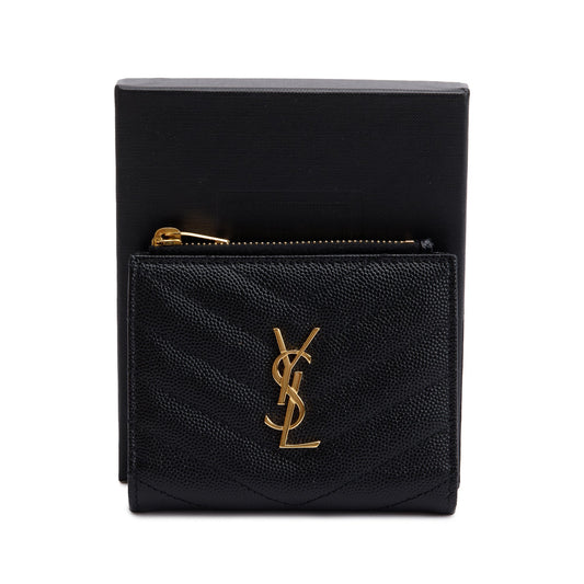 Saint Laurent 2023 Black Grain de Poudre Leather Cassandre Matelasse Bi-Fold Wallet