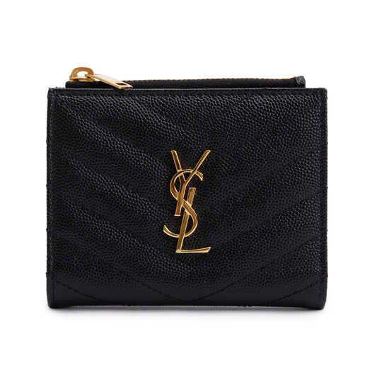 Saint Laurent 2023 Black Grain de Poudre Leather Cassandre Matelasse Bi-Fold Wallet