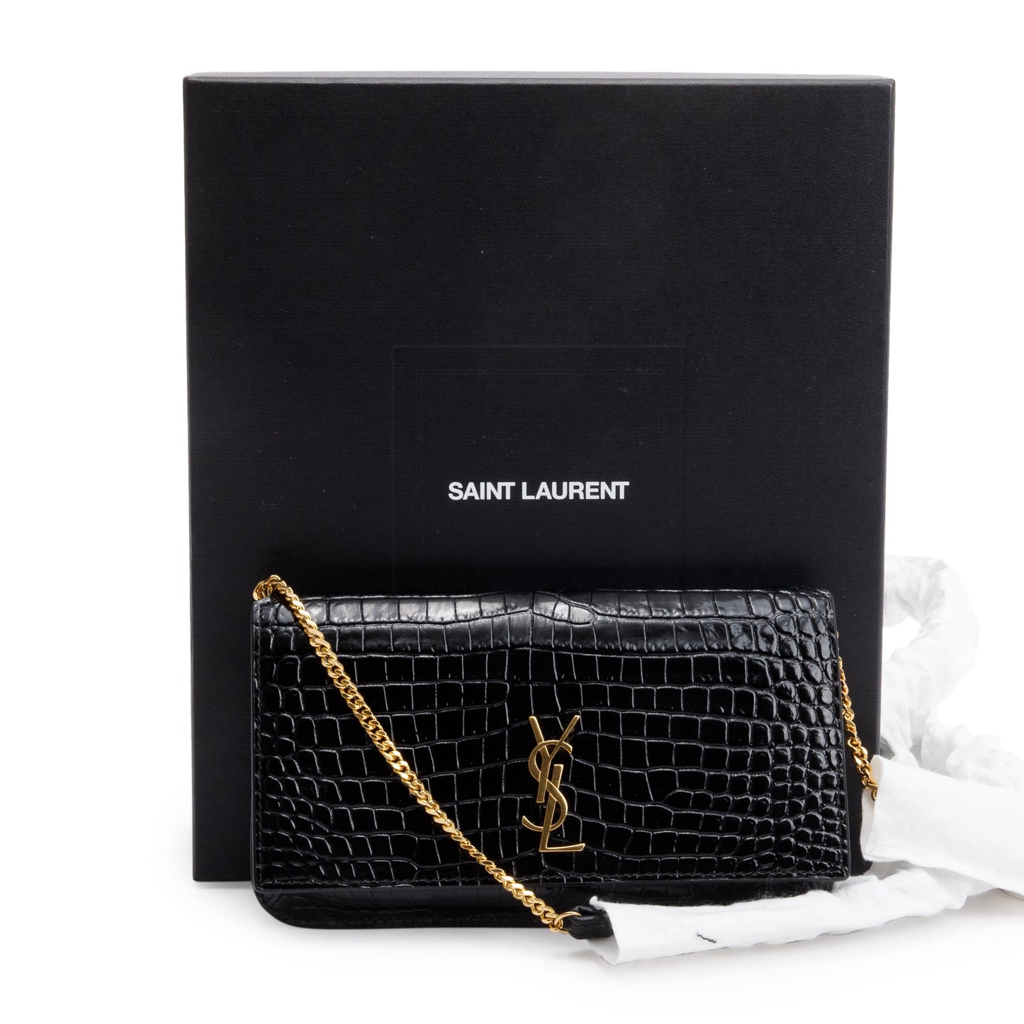 Saint Laurent 2023 Black Shiny Crocodile Embossed Leather Cassandre Phone Holder Bag