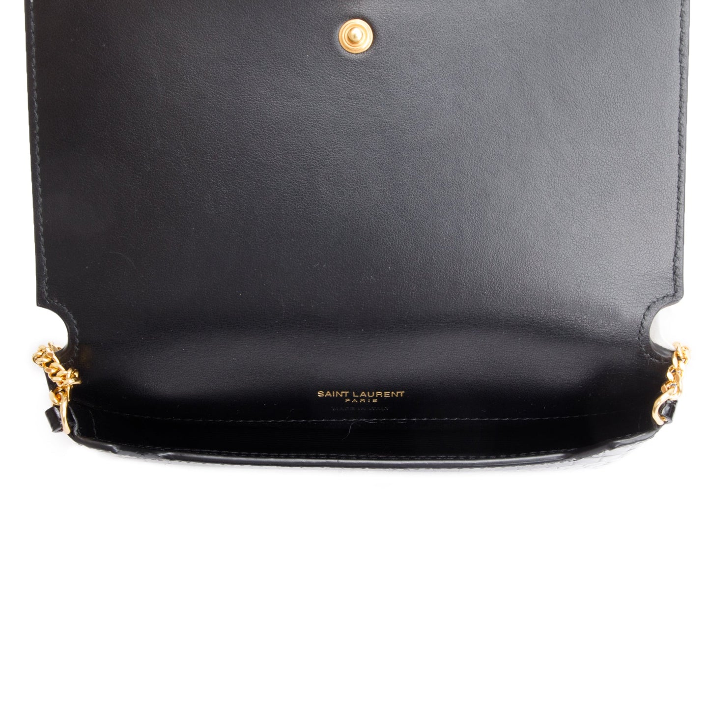 Saint Laurent 2023 Black Shiny Crocodile Embossed Leather Cassandre Phone Holder Bag