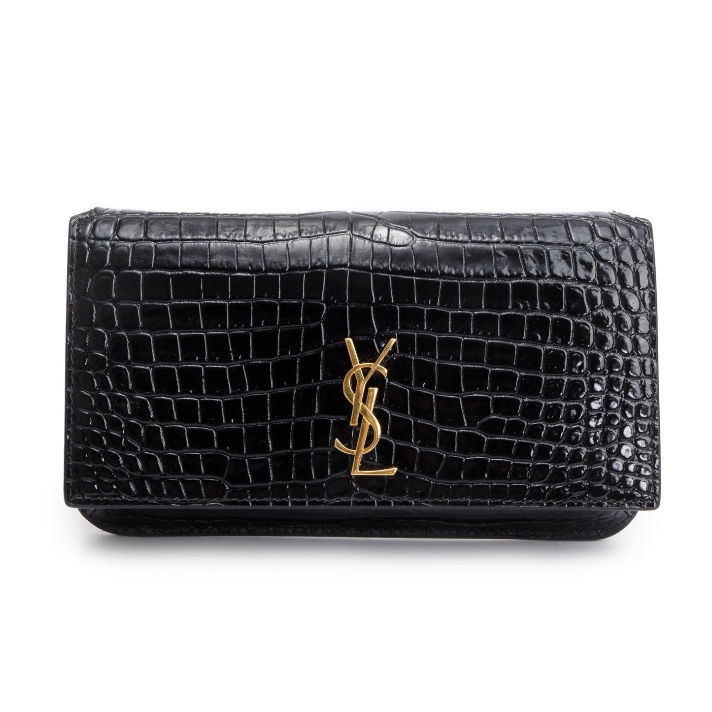 Saint Laurent 2023 Black Shiny Crocodile Embossed Leather Cassandre Phone Holder Bag