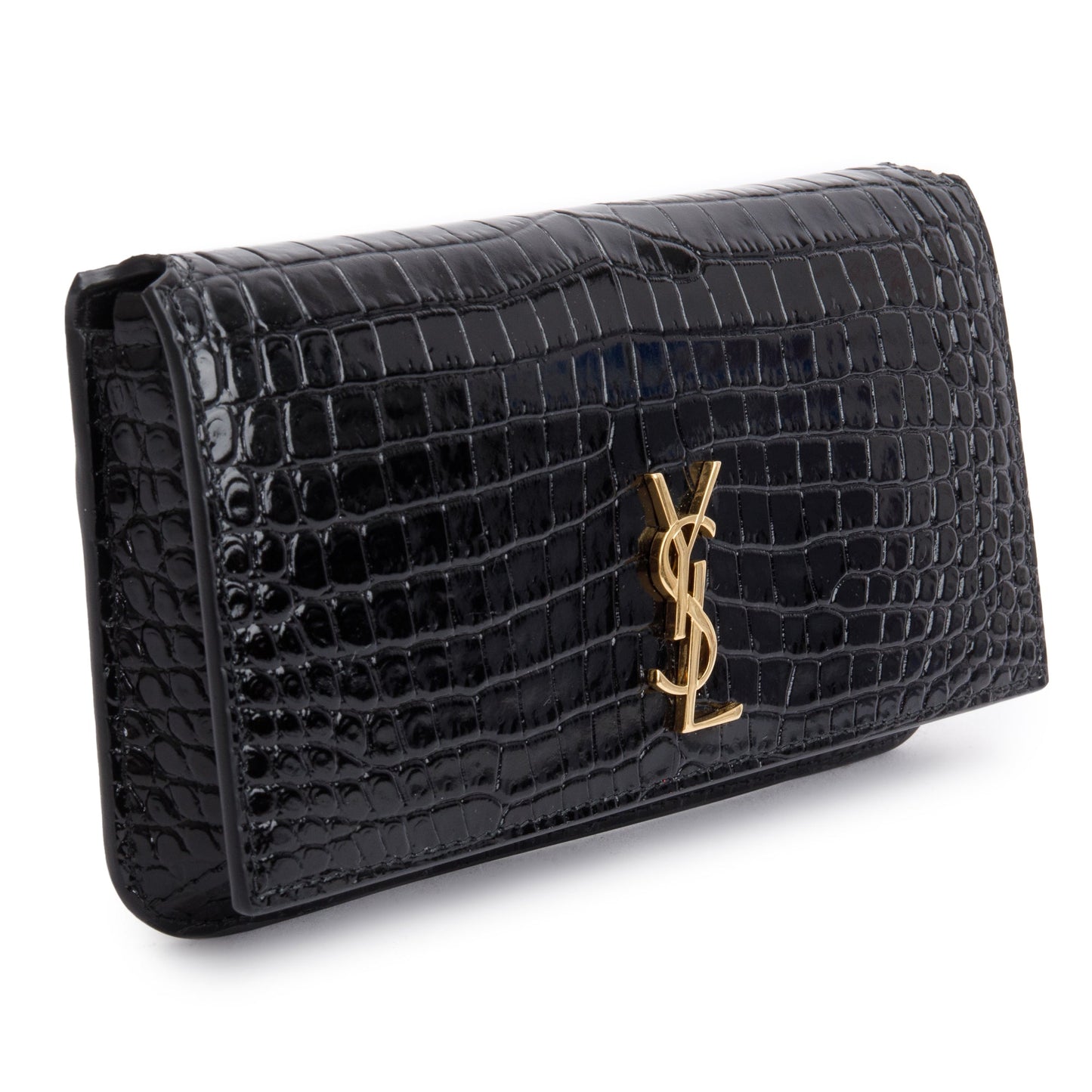 Saint Laurent 2023 Black Shiny Crocodile Embossed Leather Cassandre Phone Holder Bag