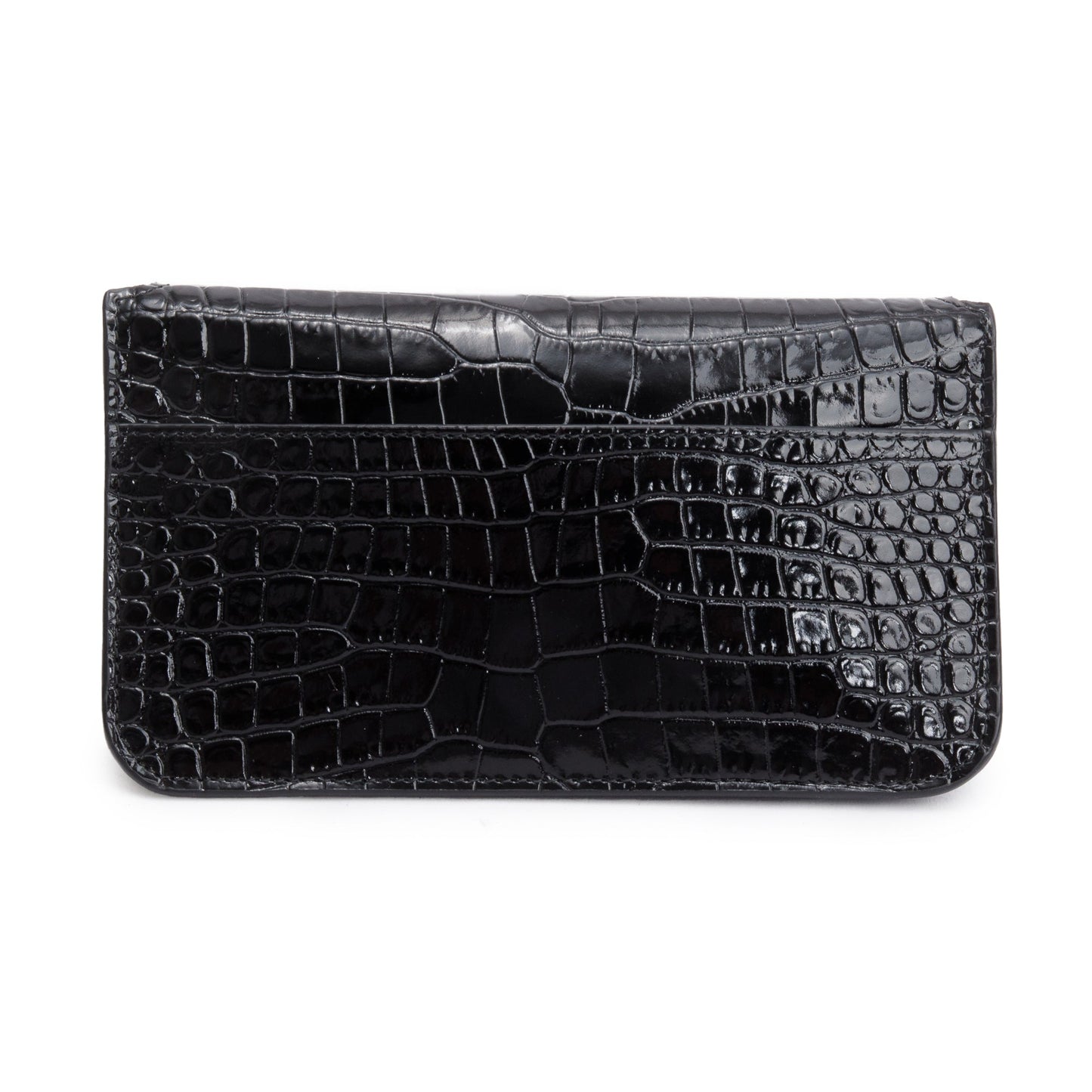 Saint Laurent 2023 Black Shiny Crocodile Embossed Leather Cassandre Phone Holder Bag