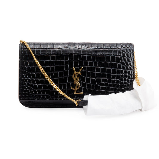 Saint Laurent 2023 Black Shiny Crocodile Embossed Leather Cassandre Phone Holder Bag