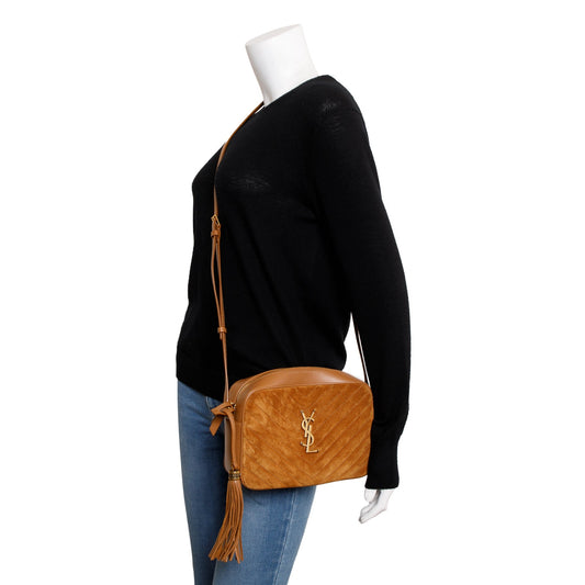 Saint Laurent 2023 Brown Quilted Suede & Smooth Leather Lou Camera Bag