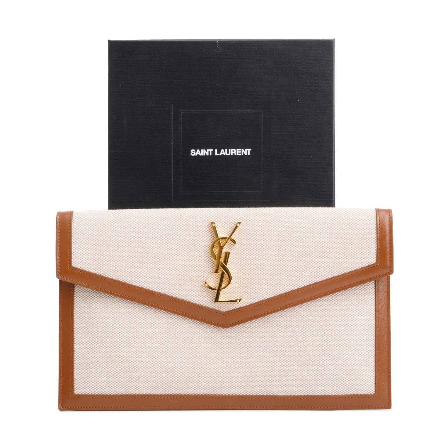 Saint Laurent 2023 Neutral Canvas Brown Smooth Leather Uptown Pouch
