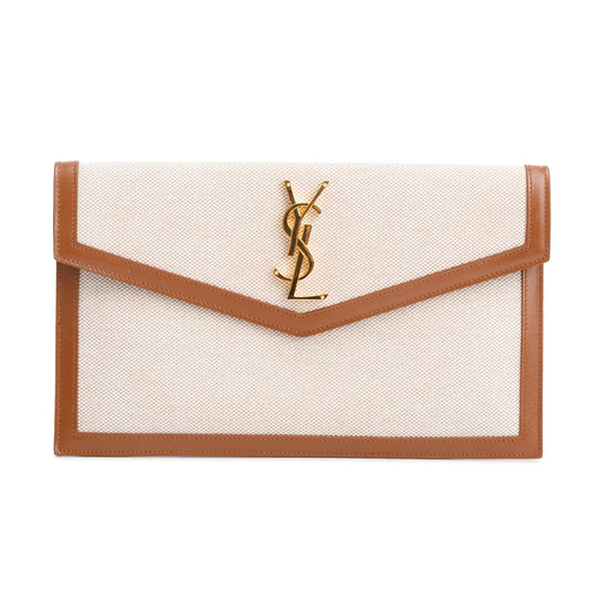 Saint Laurent 2023 Neutral Canvas Brown Smooth Leather Uptown Pouch