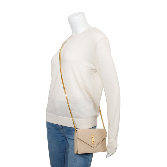 Saint Laurent Beige Grain De Poudre Leather Cassandre Envelope Chain Wallet