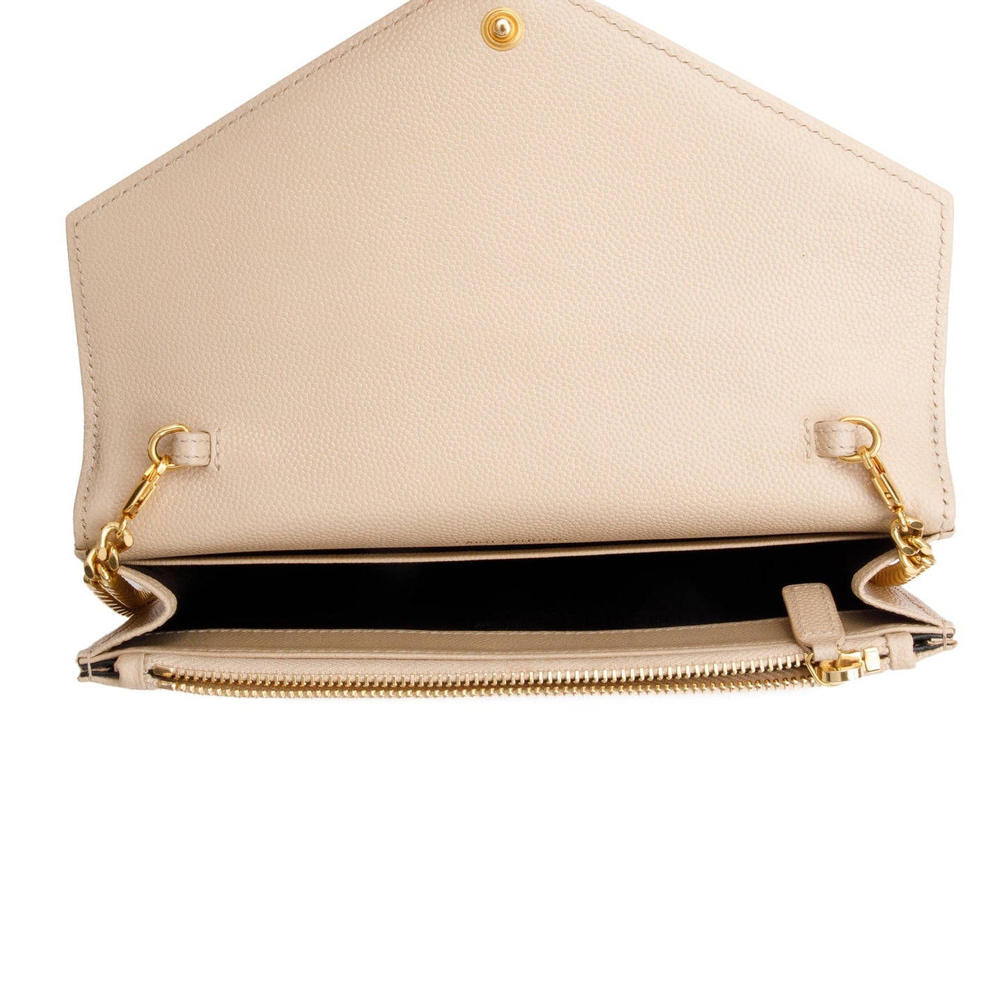 Saint Laurent Beige Grain De Poudre Leather Cassandre Envelope Chain Wallet