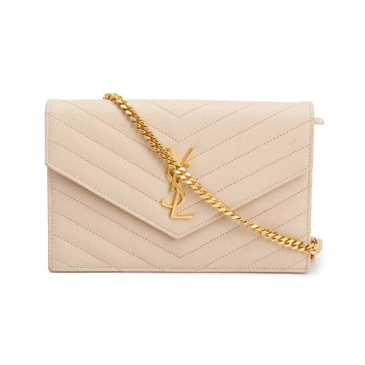 Saint Laurent Beige Grain De Poudre Leather Cassandre Envelope Chain Wallet